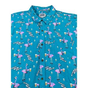 Party Pants Mens‎ XXL Flamingo Beer Novelty Print Button Down Shirt Teal
